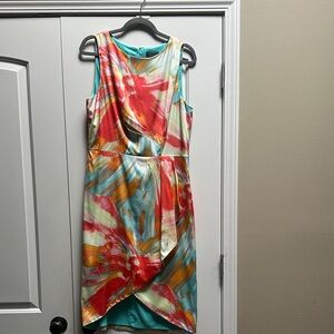 Tahari Asymmetrical Dress - Red, Orange, Blue Floral